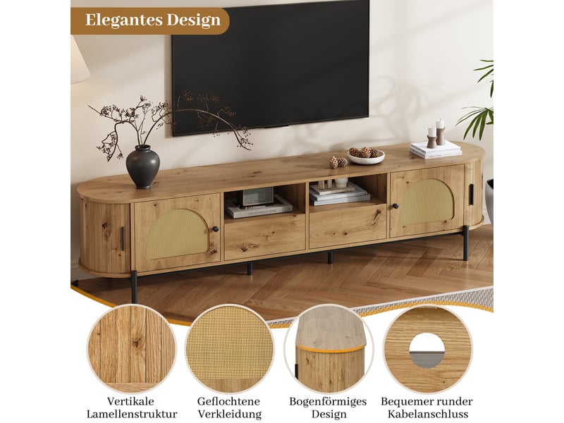  Meuble tv ovale moderne effet bois et rotin, portes coulissantes, tiroirs, pieds métal, rangement  - Conforama E
