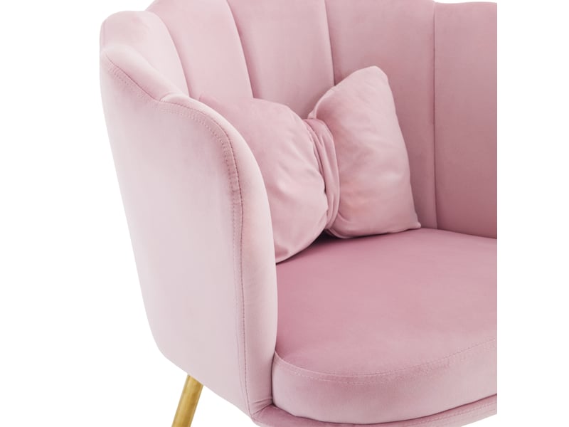 Set de 6 chaises modernes en velours rose avec dossier en pétale, coussins papillon et pieds en métal doré - Conforama E