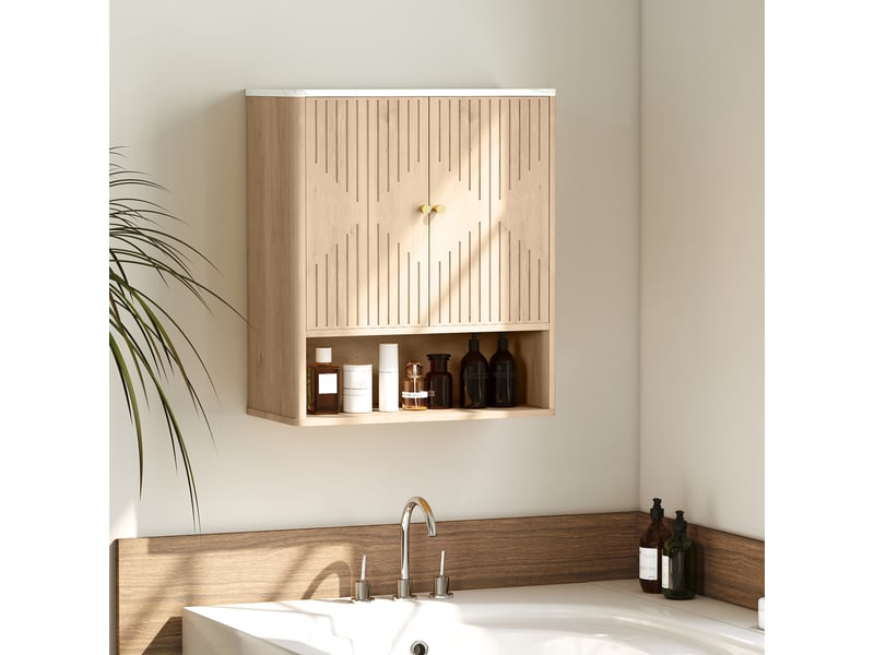  Armoire murale de salle de bain, meuble de rangement avec compartiment ouvert et étagère réglable, 60 x 18 x 70 cm chêne  - Conforama D