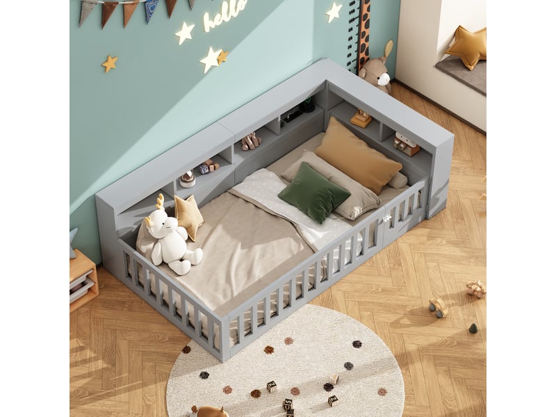  Lit banquette 90*200cm, gris, sans matelas, sommier inclus, coffre latéral, prise et usb, pour chambre  - Conforama E