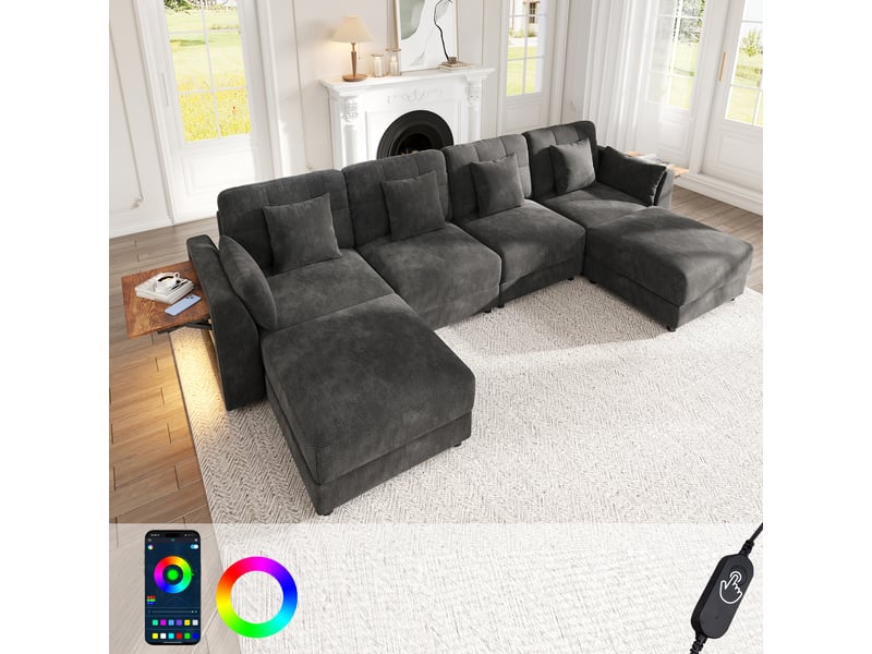  Canapé modulable en chenille gris, canapé d'angle ul avec éclairage led &amp; table rabattable, 6-7 places pour grand salon moderne  - Conforama B