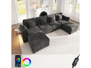 Canapé modulable en chenille gris, canapé d'angle ul avec éclairage led & table rabattable, 6-7 places pour grand salon moderne