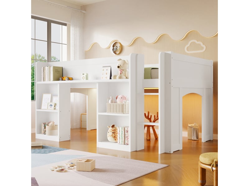  Lit mezzanine 90x200 cm enfant, lit simple avec bibliothèque intégrée, étagères ouvertes, led multicolore, espace de jeu sous le lit, bois mdf, blanc  - Conforama C
