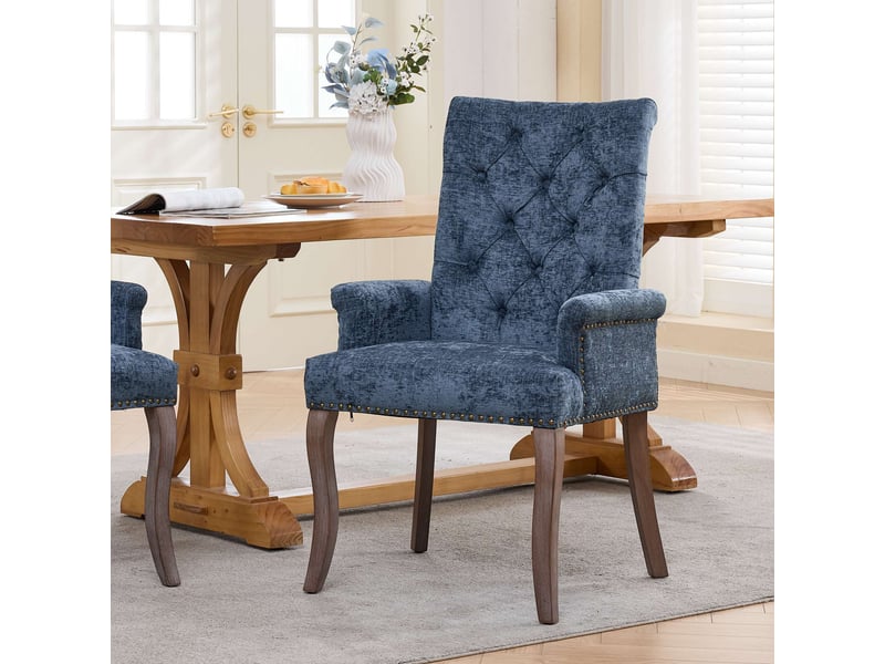  Chaise de salle à manger chenille de1895bl bleue avec pieds bois courbés et dossier capitonné  - Conforama B