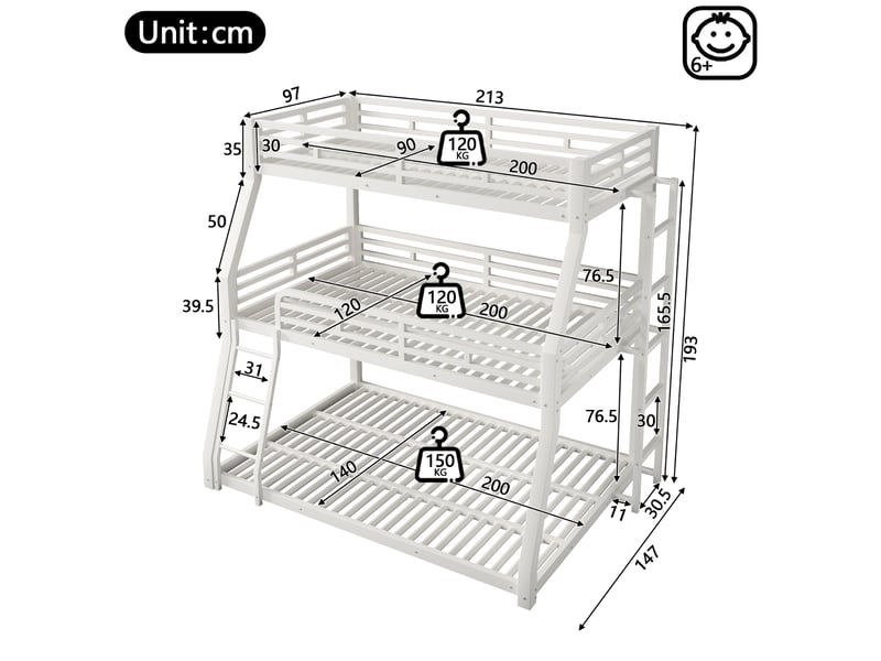 Lit superposé triple en métal, couchages 90 x 200, 120 x 200 et 140 x 200 cm, échelle repositionnable, sans matelas, blanc evarich - Conforama C