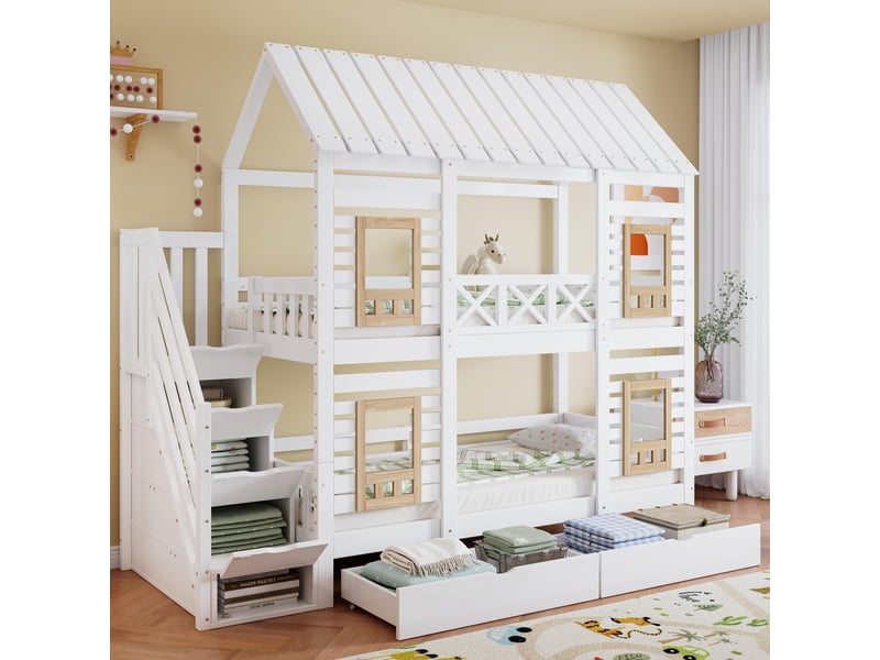 Lit superposé enfant 90x200 cm, avec escalier de rangement de sécurité et 2 tiroirs sur roulettes, en bois de pin massif et mdf, blanc et naturel - Conforama B