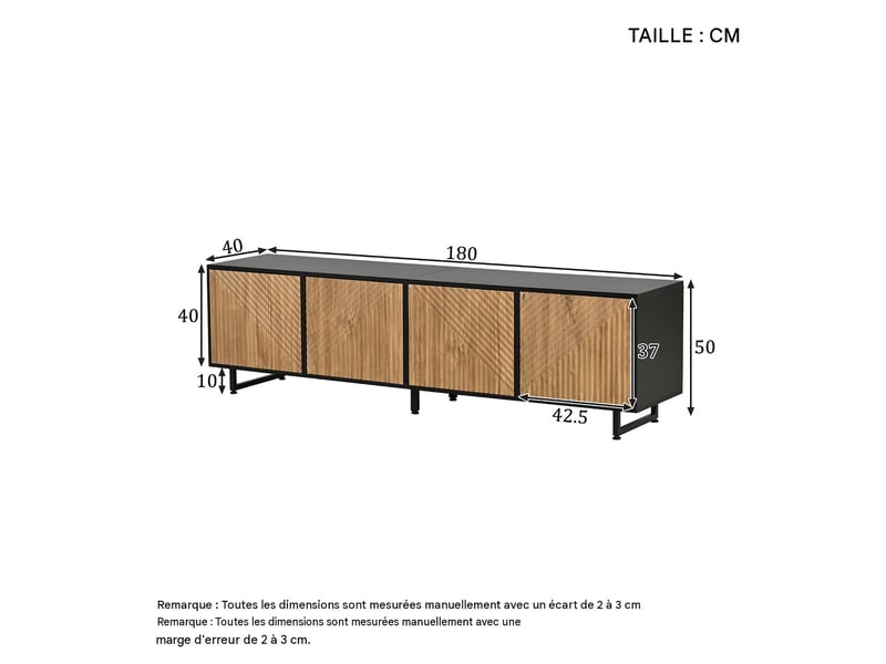  Meuble tv 4 portes en panneau de particules bois naturel et noir 180x40x50 cm - pangivo  - Conforama C