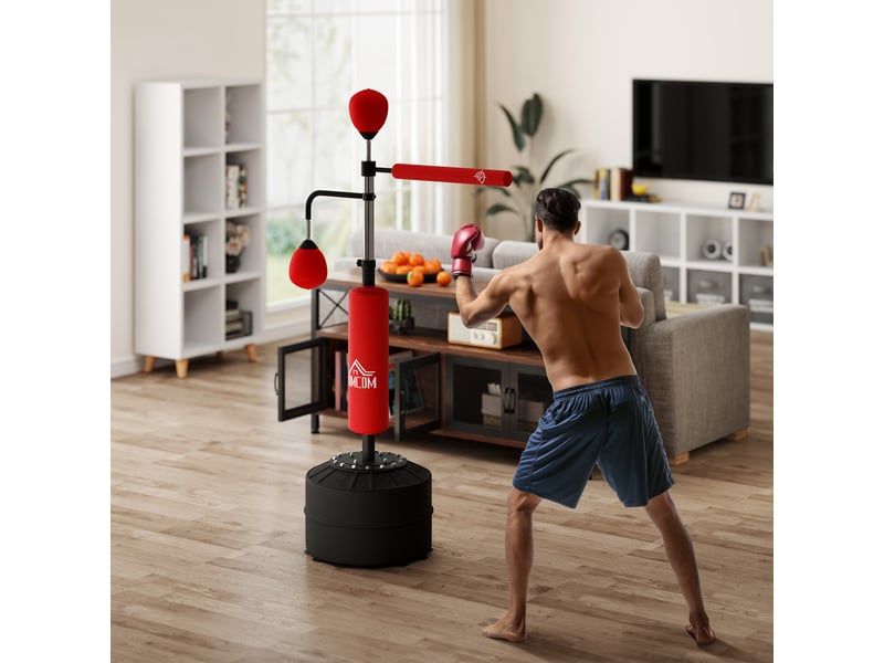  Sac de frappe autoportant réglable en hauteur avec barre rotative à 360°, 2 balles et base rechargeable 88 x 50 x 160-230 cm rouge  - Conforama D