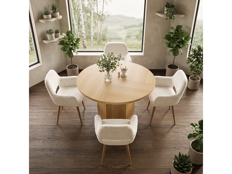  Ensemble table ronde 120x120 cm + 4 chaises mi-siècle en fausse fourrure, pieds acier laqué – style scandinave, couleur chêne  - Conforama R