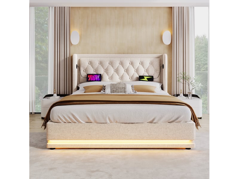  Lit coffre adulte 160x200 cm – beige – usb, type-c, led 3 côtés et matelas 7 zones à ressorts inclus  - Conforama B