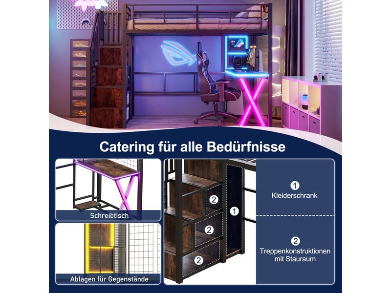  Lit mezzanine 90x200 cm avec éclairage led et échelle de rangement, lit enfant avec bureau et armoire et étagères, noir, métal  - Conforama D