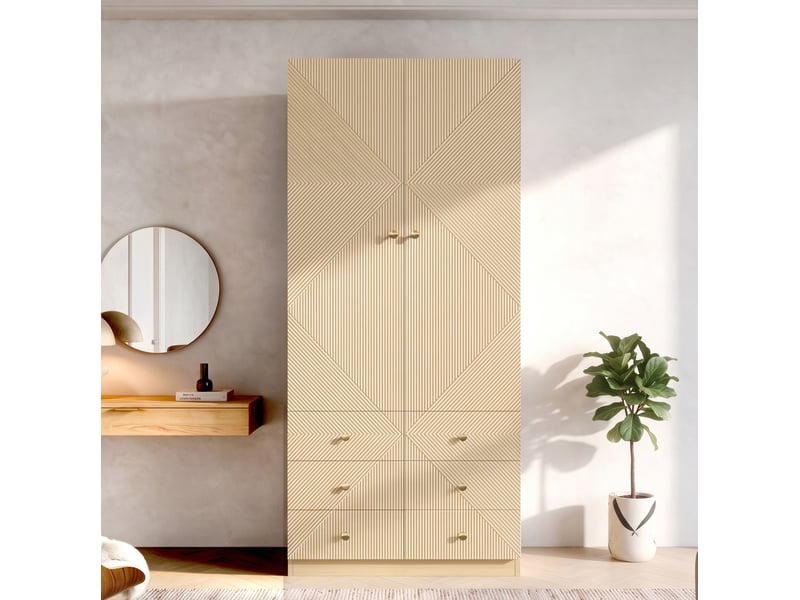 Armoire 2 portes avec penderie et 6 tiroirs, aspect chêne moderne pour chambre, bureau et chambre d’enfant en mdf - Conforama E