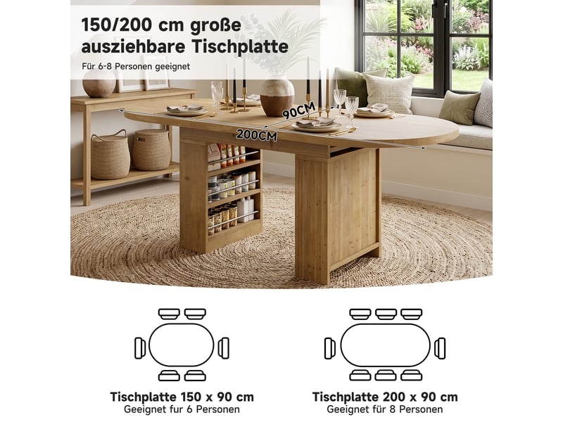 Table à manger extensible 150-200x90x76 cm pour 6-8 personnes, rangement intégré, plateau épais style scandinave, mdf, effet chêne - Conforama D