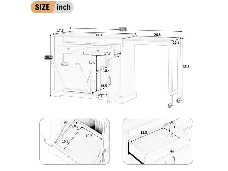  Desserte de cuisine mobile avec plan coulissant latéral, 2 tiroirs et rangement à déchets, blanche et naturelle  - Conforama C