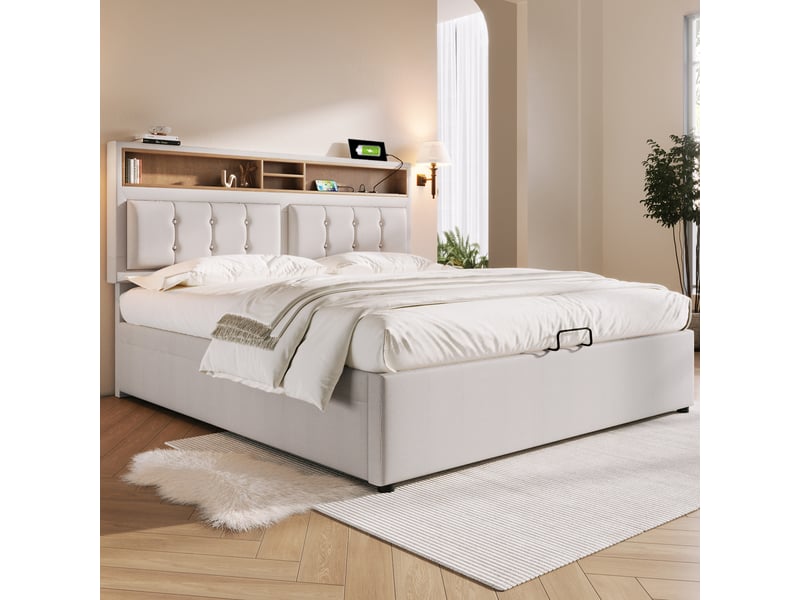  Lit capitonné double 140x200 cm en lin beige, rangement sous lit, usb-c, tête ajustable, matelas fourni  - Conforama D