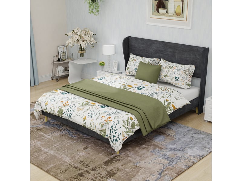 Lit adulte 140 x 200 cm, lit double, tête de lit et sommier, socle bas, velours gris, design moderne, sans matelas - Conforama W
