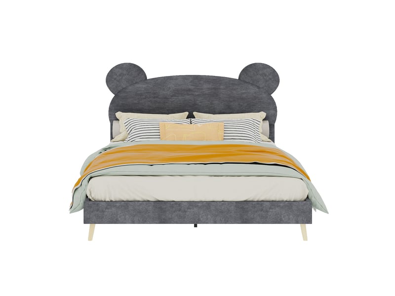 Lit enfant 140 x 200 cm gris avec tête de lit oreilles d’ours et matelas à ressorts ensachés - Conforama A