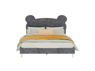 Lit enfant 140 x 200 cm gris avec tête de lit oreilles d’ours et matelas à ressorts ensachés