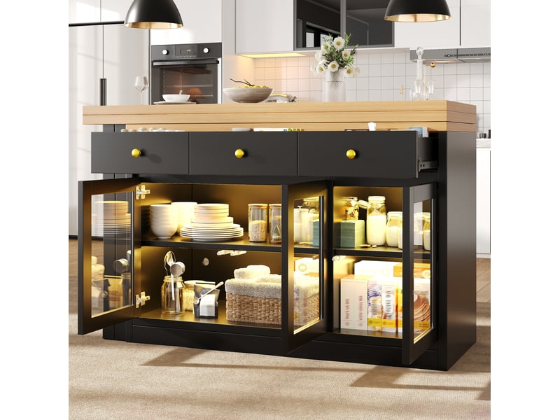 Îlot de cuisine extensible 120-200x40x75,5 cm, led, 3 tiroirs et 3 portes vitrées, desserte, mdf et métal, couleur noir - Conforama B