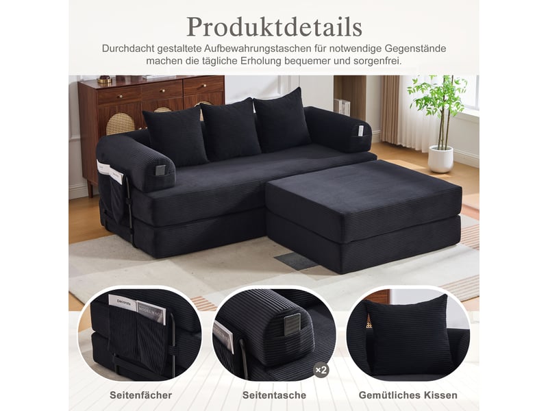  Canapé convertible, canapé-lit — avec pouf, poches latérales, en velours tricoté, noir  - Conforama D