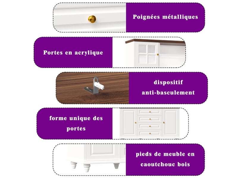  Buffet haut, coloris blanc, 140 × 40 × 179,5 cm, mdf, métal et pieds en hévéa, led rgb, porte-verres métal, 4 tiroirs  - Conforama D