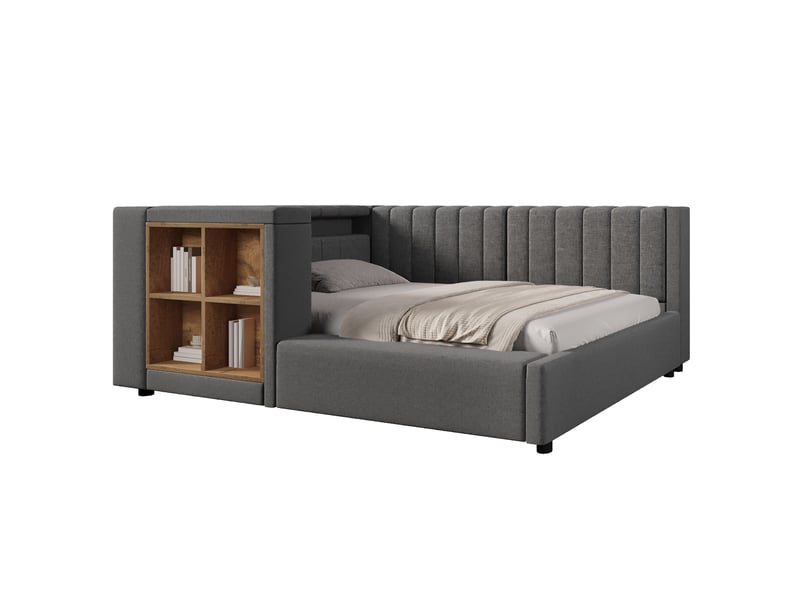 Lit coffre simple 90x190 cm, tête de lit réversible, 4 niches de rangement,lit banquette avec led par appli, usb et type-c, lin, gris Morn Vibe - Conforama A