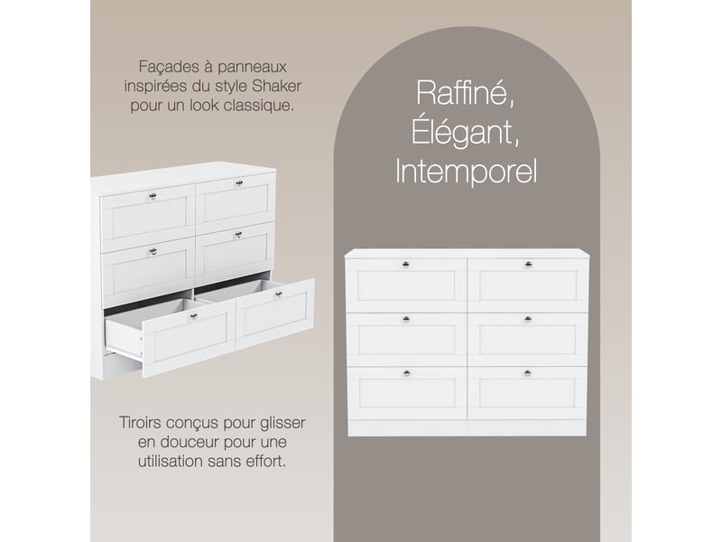 Commode altino 6 tiroirs, chambre, rangement vêtements, meuble, 76,5x100x36cm, blanc 3332187 - Conforama W