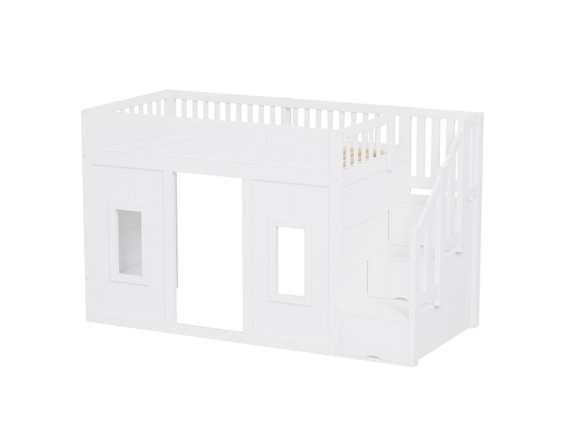  Lit mezzanine enfant 90x200 cm avec escalier de rangement et led, blanc, sans matelas  - Conforama D