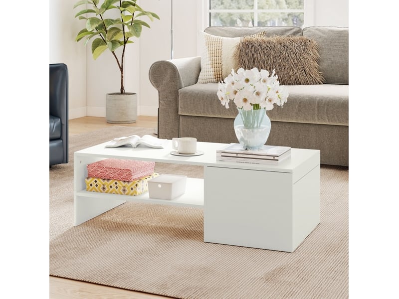  Table basse réglable blanche 110 x 52 x 36 cm avec rangement et plateau coulissant  - Conforama E