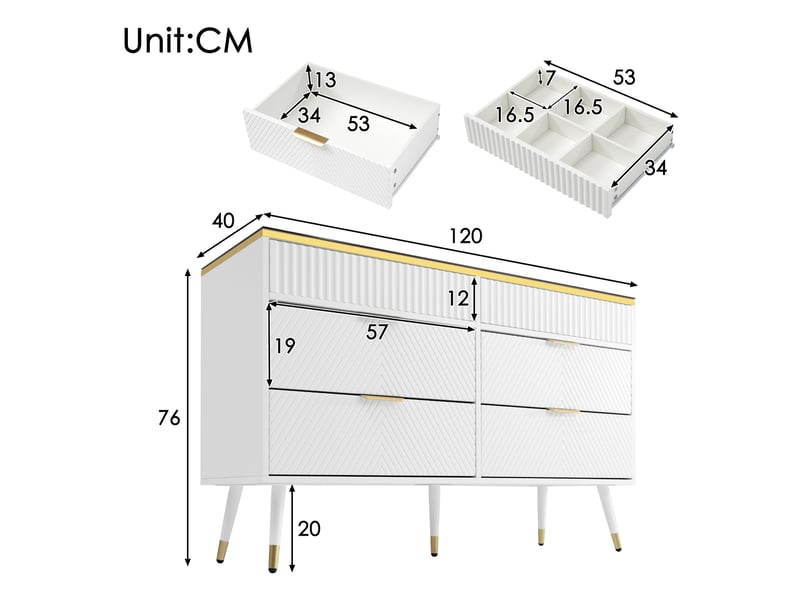  Commode 6 tiroirs avec séparateurs et verre brun pour chambre en panneaux de particules 120×40×76 cm blanc  - Conforama E