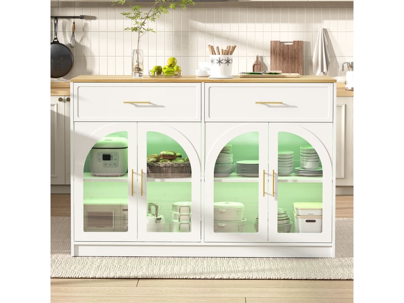  Îlot de cuisine et buffet de rangement - 135x55x90 cm blanc et bois naturel - avec éclairage led, tiroirs et portes transparentes  - Conforama C