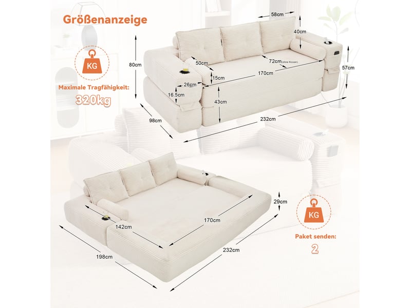 Canapé convertible 3 places modenvie en velours côtelé beige avec poches latérales, porte-gobelet, coussins à mémoire de forme et accoudoirs amovibles - Conforama C