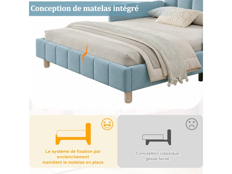 Lit enfant rembourré 140 x 200 cm avec tête de lit inclinée, barrières latérales modulables et poches de rangement, en velours bleu, sans matelas - Conforama D