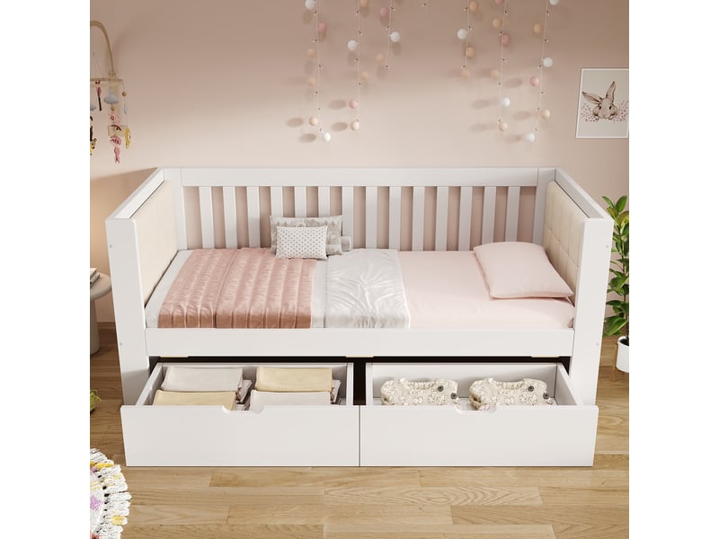 Lit banquette 90 × 200 cm blanc en bois, 2 tiroirs et accoudoirs arrondis IKSETERA TRADING LTD - Conforama D
