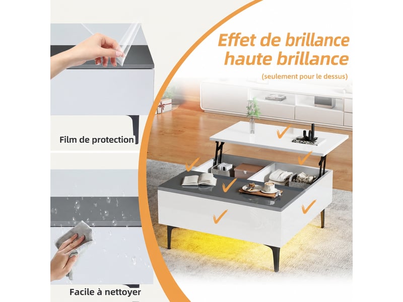  Table basse relevable avec rangement caché, led rvb, tiroir, 70 x 70 cm, blanc et gris  - Conforama C