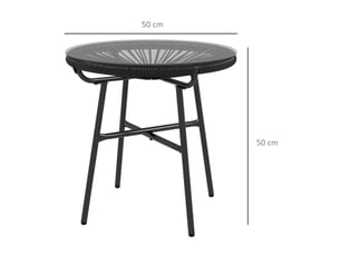 Table 50 x 50 x 50 cm style bohème usage extérieur rotin pe plateau en verre trempé résistance aux intempéries coloris noir