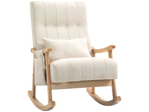 Fauteuil à bascule, rocking chair en tissu efft lin, coussin lombaire, pieds en bois d'hévéa, assise rembourrée, beige
