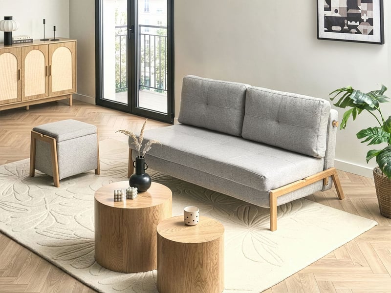 Ensemble de salon 3 places edland tissu gris clair avec pouf - Conforama B