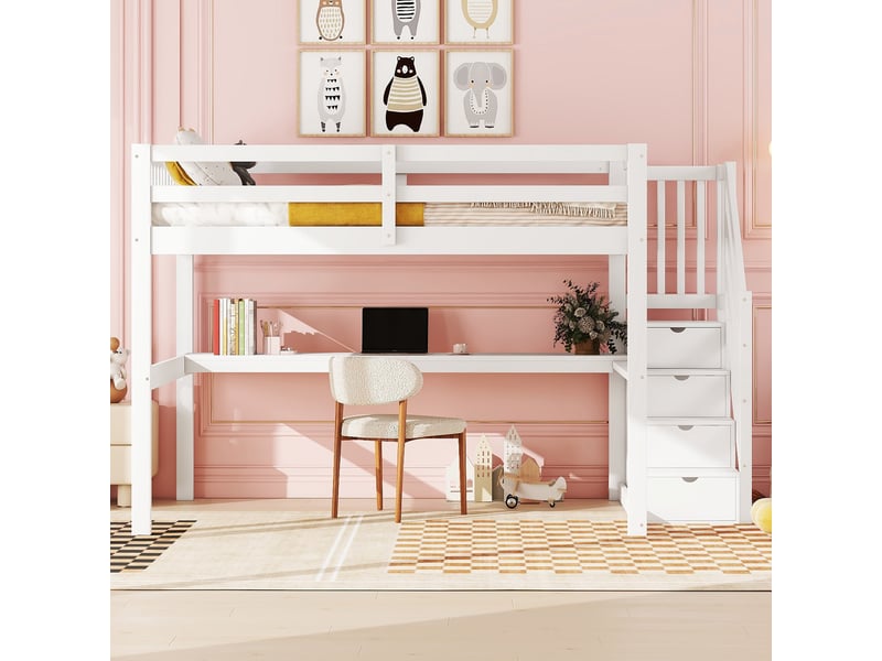  Lit mezzanine 140 x 200 cm, lit enfant surélevé, tiroirs de rangement, bureau intégré, étagères ouvertes, échelle, bois massif, blanc Morn Vibe - Conforama D