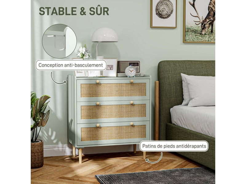  Commode design bohème en rotin avec 3 tiroirs, meuble de rangement pour le salon, le couloir, vert olive, l'entrée  - Conforama R