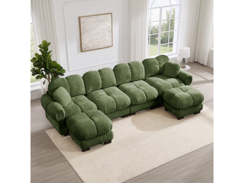  Canapé en u 4 places - 330x149x90cm - sofa cloud modulable en chenille avec 2 ottomans, coussins et assise xl - vert  - Conforama D