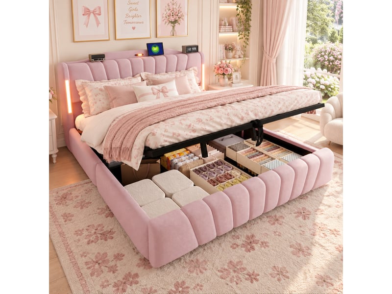 Lit coffre hydraulique 180x200 cm en velours rose avec tête de lit led, usb-c, veilleuse intégrée et rangement Morn Vibe - Conforama B