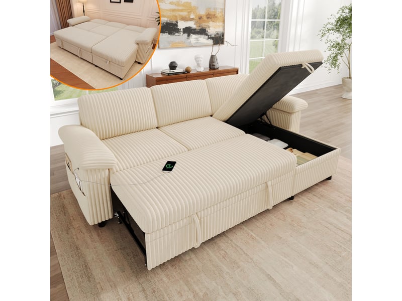  Canapé d'angle convertible 3 places en velours côtelé beige, 214 x 138,5 x 89 cm, angle réversible, avec rangement, poches latérales, dossier réglable CARDUME ESTIVAL - Conforama B