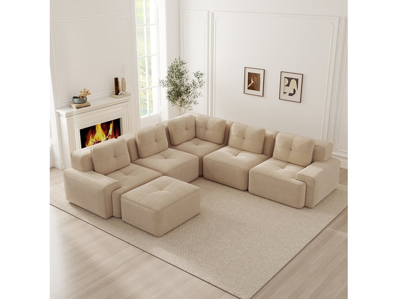  Canapé d'angle modulable modenvie 5 places avec pouf, velours côtelé beige, assise profonde 74 cm, 295 x 295 x 69 cm, sans montage  - Conforama B
