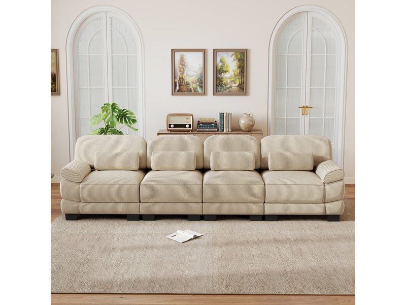Canapé modulable 4 places, tissu cord doux et agréable, coussins lombaires, salon, connecteurs pour structure stable, beige - Conforama D