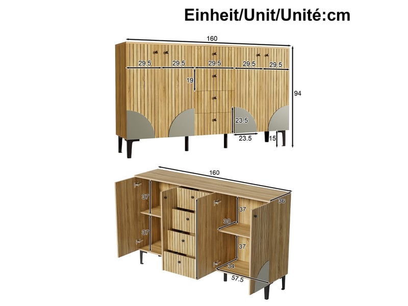  Buffet de cuisine, 160 x 36 x 94 cm, armoire de rangement avec 4 portes et 4 tiroirs, pour le salon, la salle à manger ou le couloir  - Conforama C