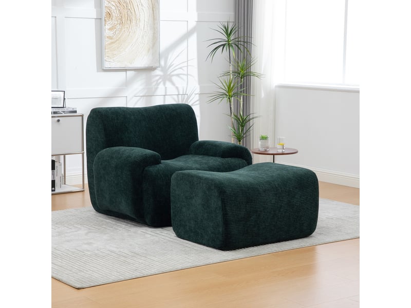 Fauteuil chenille vert avec repose-pieds, canapé individuel rembourré pour salon et petit espace - Conforama B