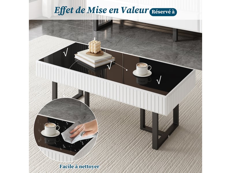  Table basse design 110x50,5x41 cm avec plateau noir laqué, structure mdf et panneau de particules, noir et blanc  - Conforama R