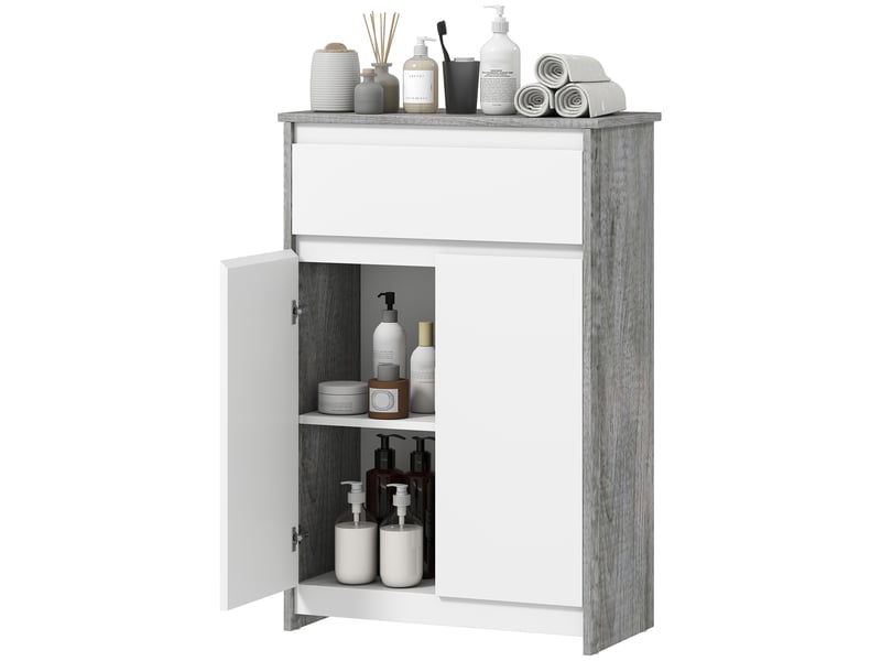  Meuble salle de bain gris et blanc avec tiroir et deux portes, 60 x 30 x 90 cm  - Conforama B