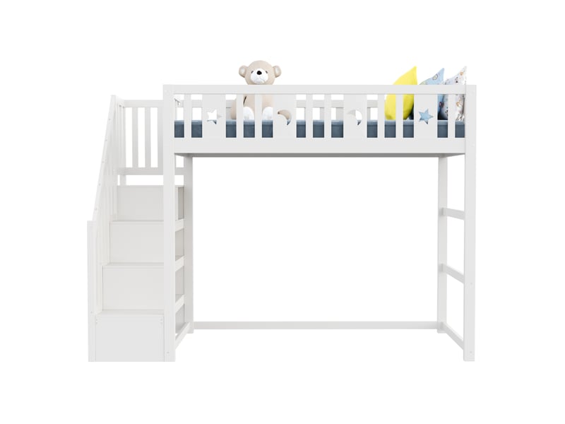  Lit mezzanine enfant 90x200 cm, bois, escalier, motifs lune et étoile, garde-corps, coloris blanc, sans matelas  - Conforama A